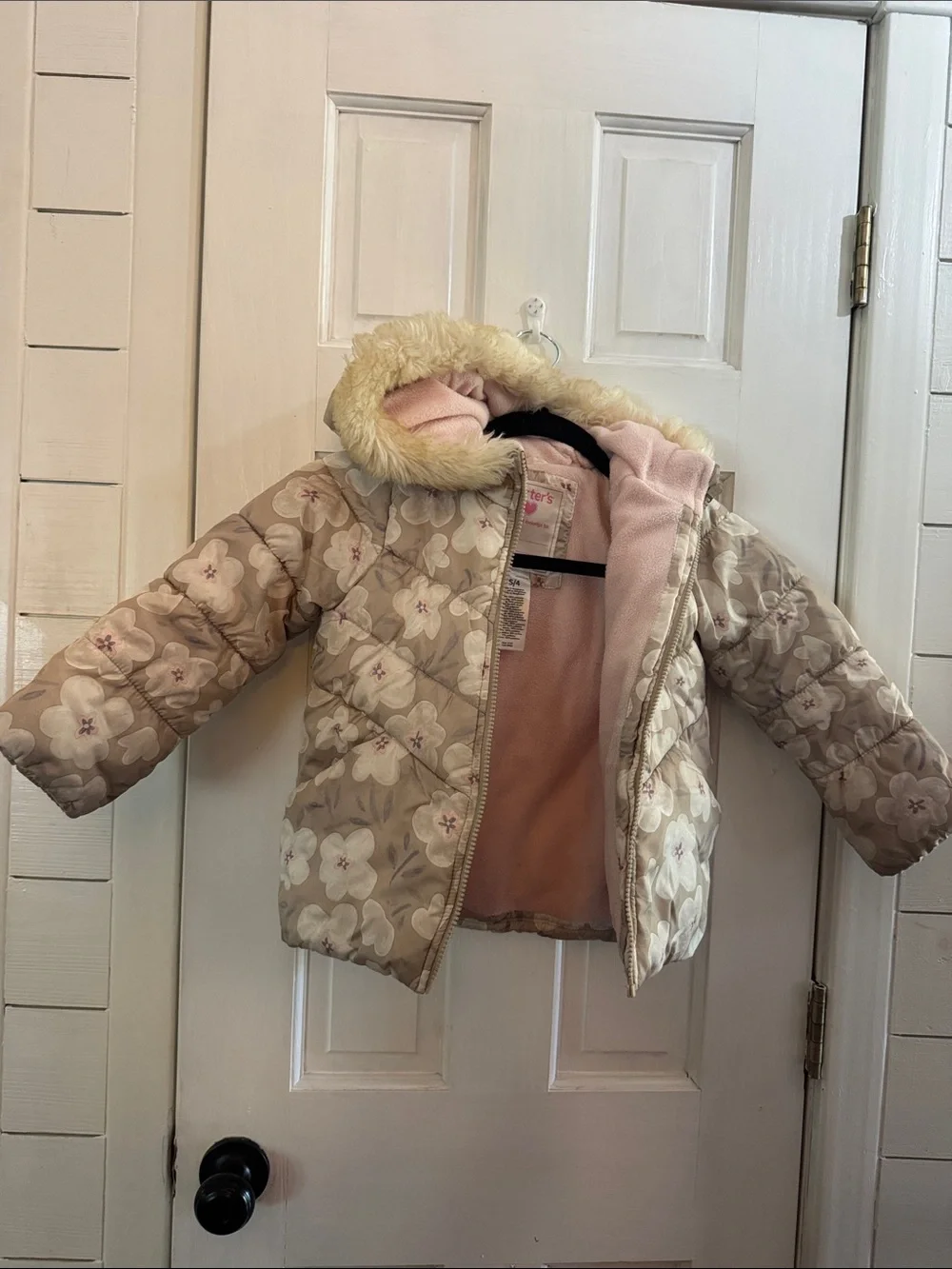 Carter's Beige Floral Puffer Jacket with Faux Fur Hood